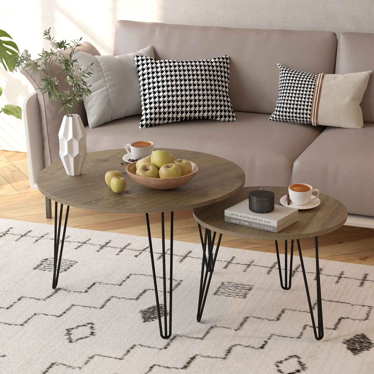 27.56'' Round Nesting Coffee Table Set Of 2, Circular Nesting End Table Set, Round Wooden Tabletop, And Sturdy Metal Base For Living Room, Bedroom, Brown Rustic Brown Round Wood Metal