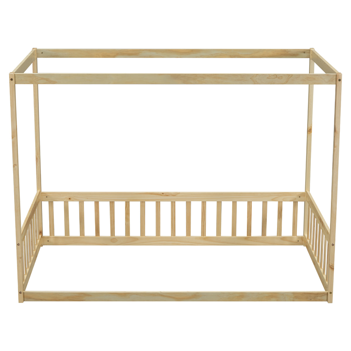 Twin Size Canopy Frame Floor Bed With Fence, Guardrails,Natural Twin Natural American Design Pine