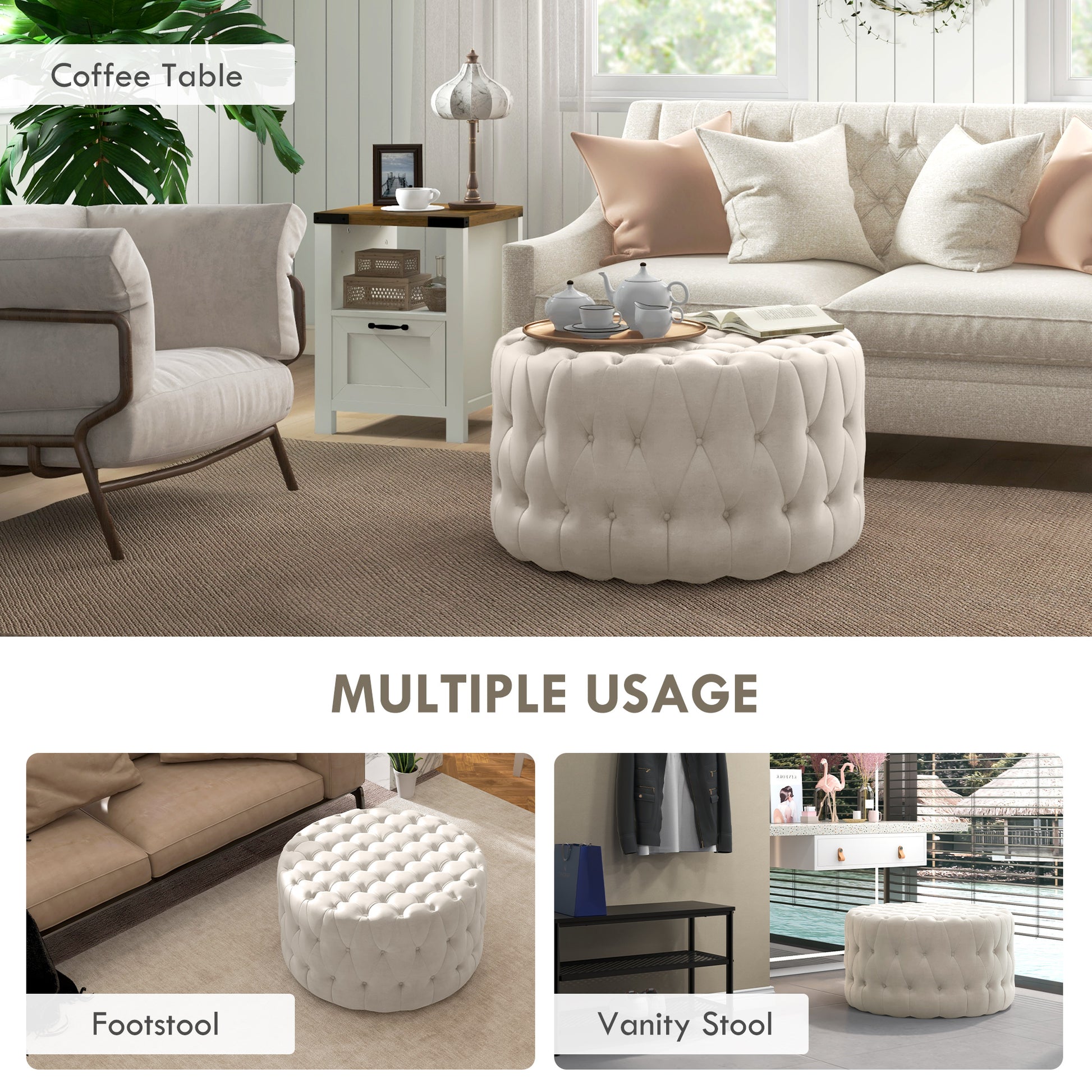 Homcom 31.5" Round Ottoman, Large Velvet Feel Upholstered Foot Stool With Button Tufted Design And Padded Seat For Living Room, Entryway, Beige Beige Polyester