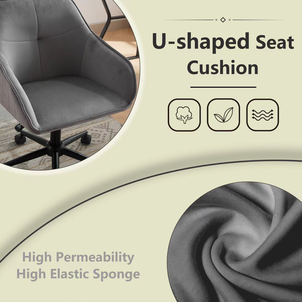 Velvet Office Desk Chair, Modern Home Desk Chair With Wheelsvanity Chairs For Living Room, Bedroom,Study Room Grey Black Foam Polyester Blend