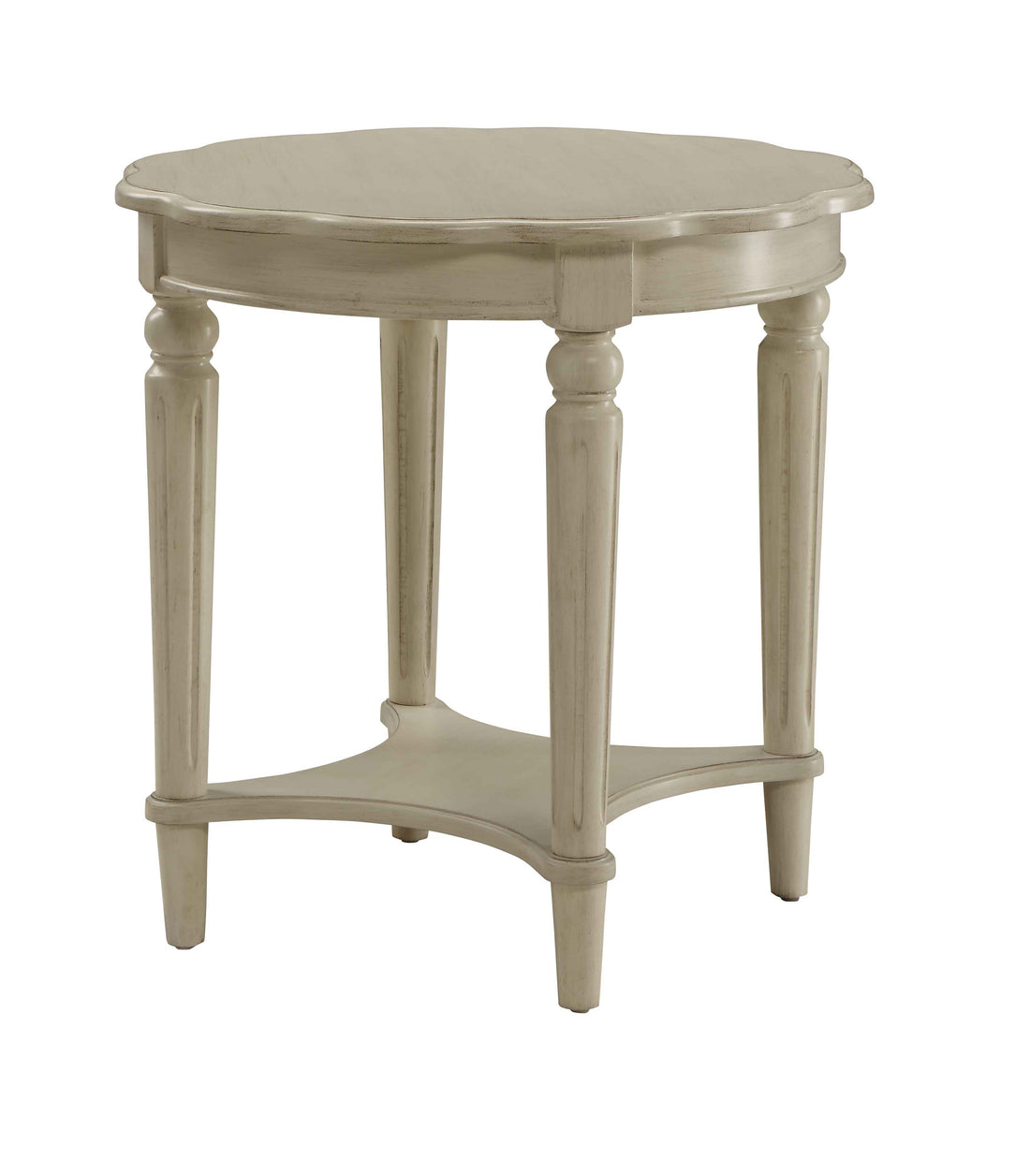 Antique White End Table With Bottom Shelf Antique White Primary Living Space Shelves Round Wood Metal