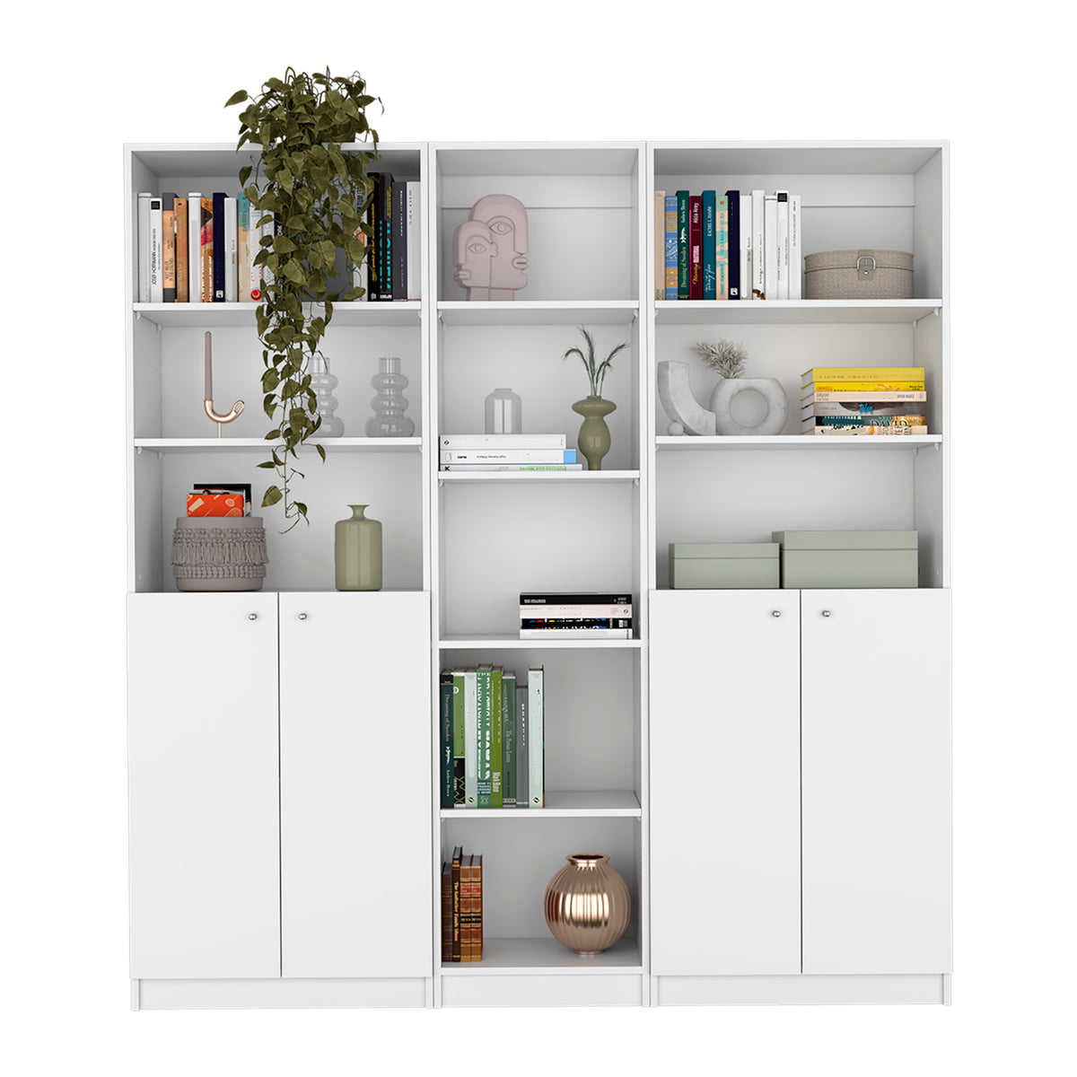 Acres 3 Piece Home Bookcase Set, 67" Wide With 11 Shelves And Two Double Door Cabinetliving Room Set White 5 Or More Shelves White Office Modern Particle Board