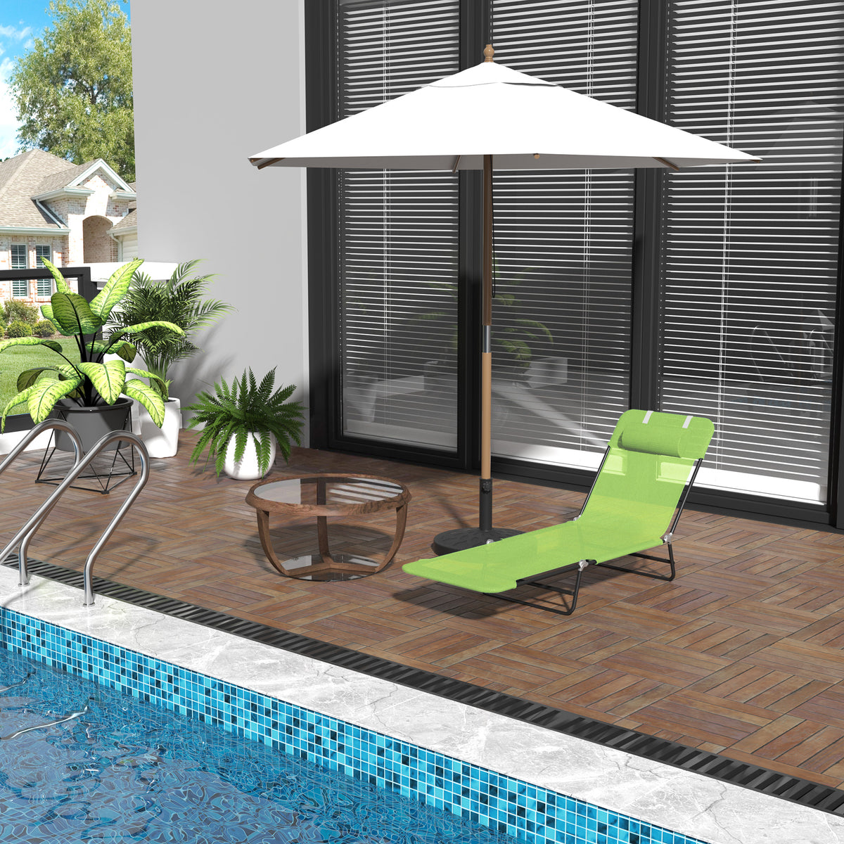 Outsunny Folding Chaise Lounge Chair, Pool Sun Tanning Chair, Outdoor Lounge Chair With Reclining Back,Mesh Seat, Headrest For Beach, Yard, Patio, Green Green Steel