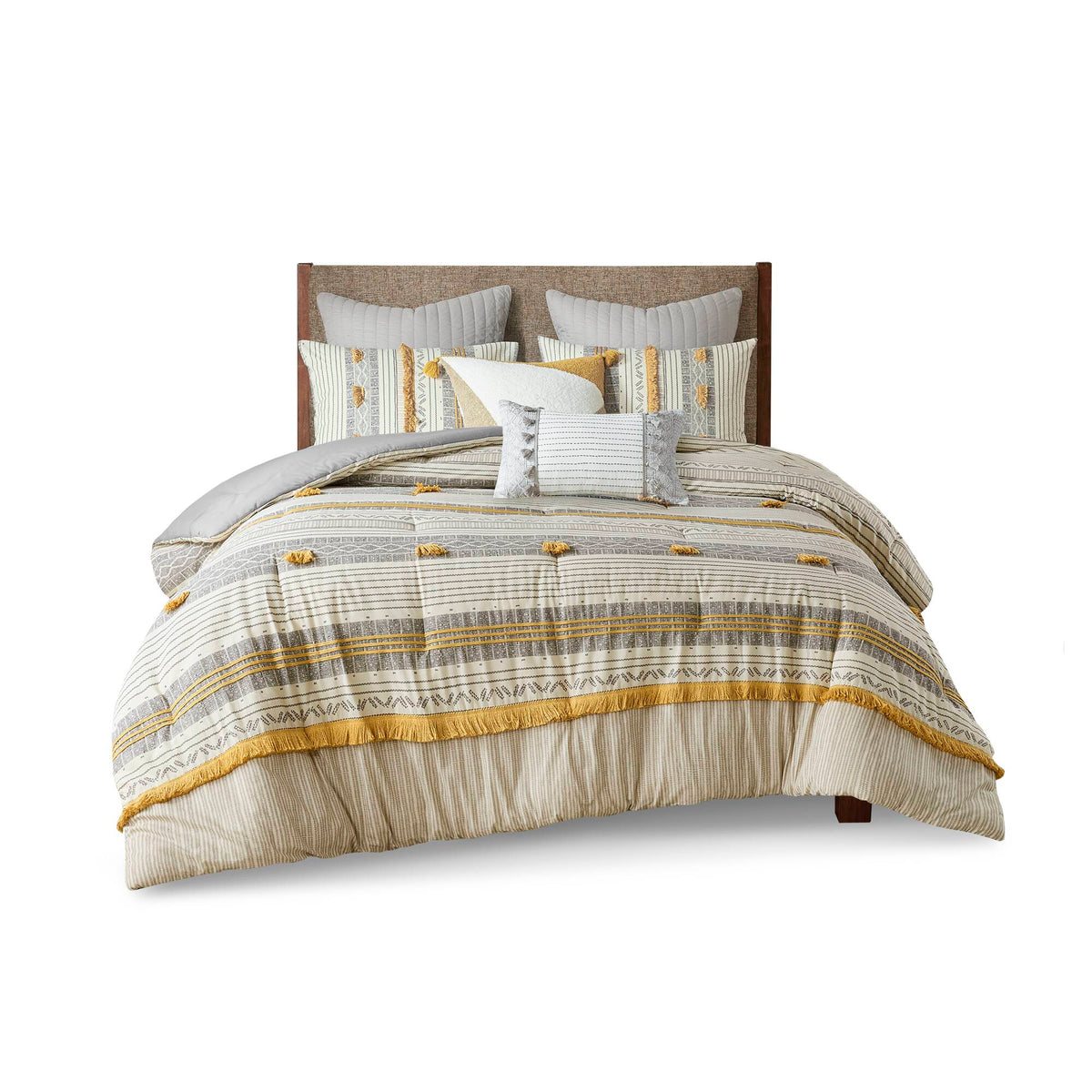 3 Piece Cotton Comforter Set Gray Yellow King Cal King King Gray Yellow Cotton