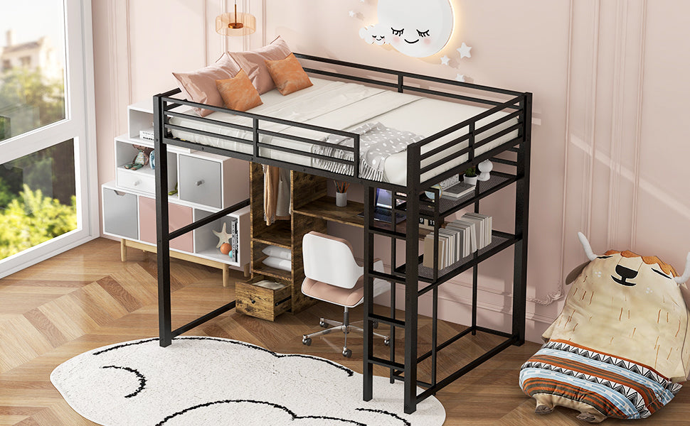 Full Size Metal Loft Bed With Built In Wardrobe, Drawer, Desk And Shelves, Black Expected Arrival Time: 9.7 Box Spring Not Required Full Black Metal Wood Metal