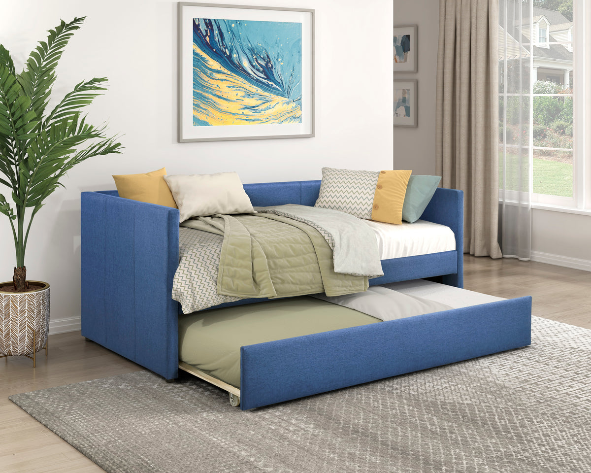 1Pc Daybed With Trundle Blue Fabric Upholstery Wooden Frame Modern Home Furniture Box Spring Not Required Blue Wood Primary Living Space Modern,Transitional Polyester Engineered Wood,Wood