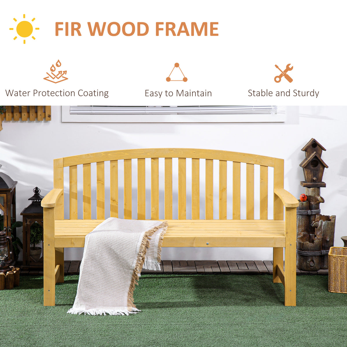 Outsunny 56" Outdoor Wood Bench, 2 Seater Garden Bench With Backrest And Armrest, Patio Bench For Patio, Porch, Poolside, Balcony, Natural Natural Wood
