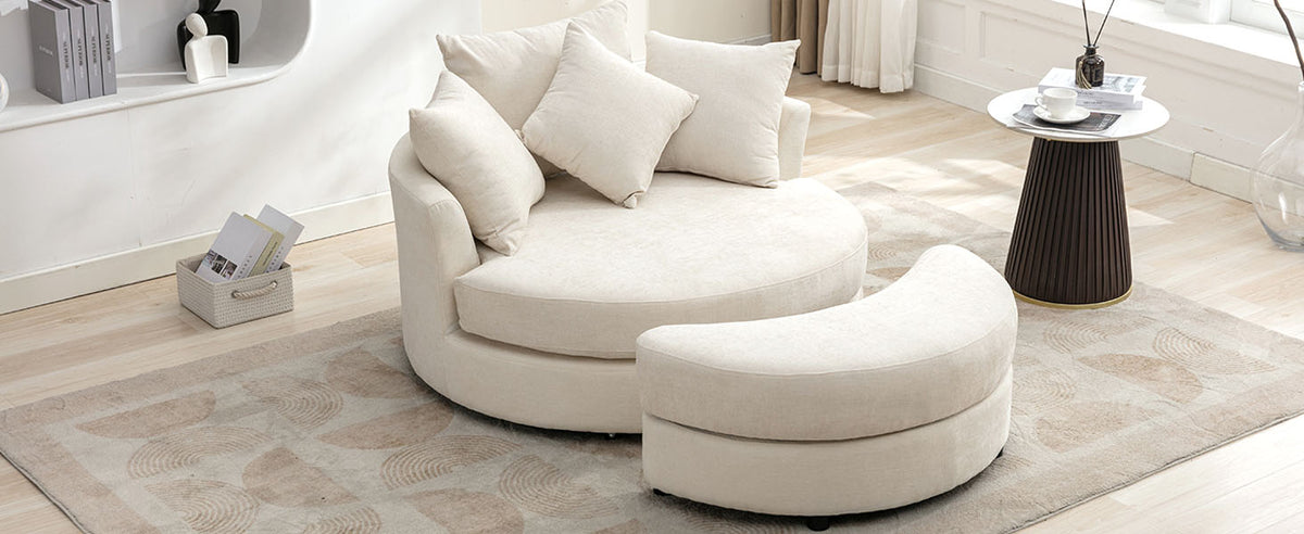 Orisfur. 360 Swivel Accent Barrel Chair With Storage Ottoman & 4 Pillows, Modern Chenille Leisure Chair Round Accent For Living Room, Cream Cream Foam Chenille