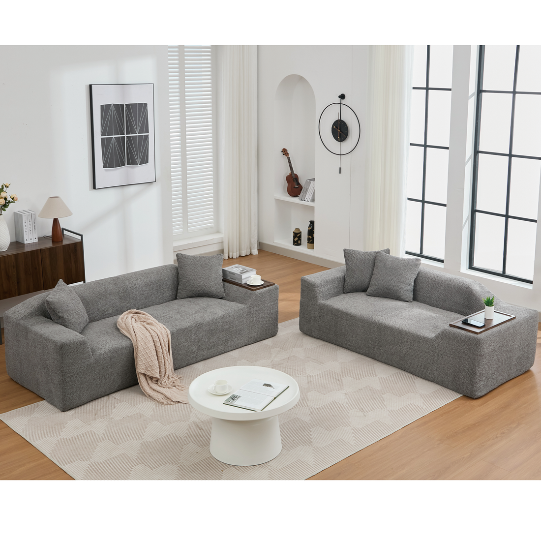 Arrived 2 Piece Boucle Cloud Sofa Set, Upholstered Sofa Set, Modern 3 Seater And 2 Seater Sofa With Mdf End Table For Living Room ,Apartment,3 2 Couch,Boucle,Dark Gray Gray Polyester Primary Living Space Soft Tight Back Modern Square Arms Foam