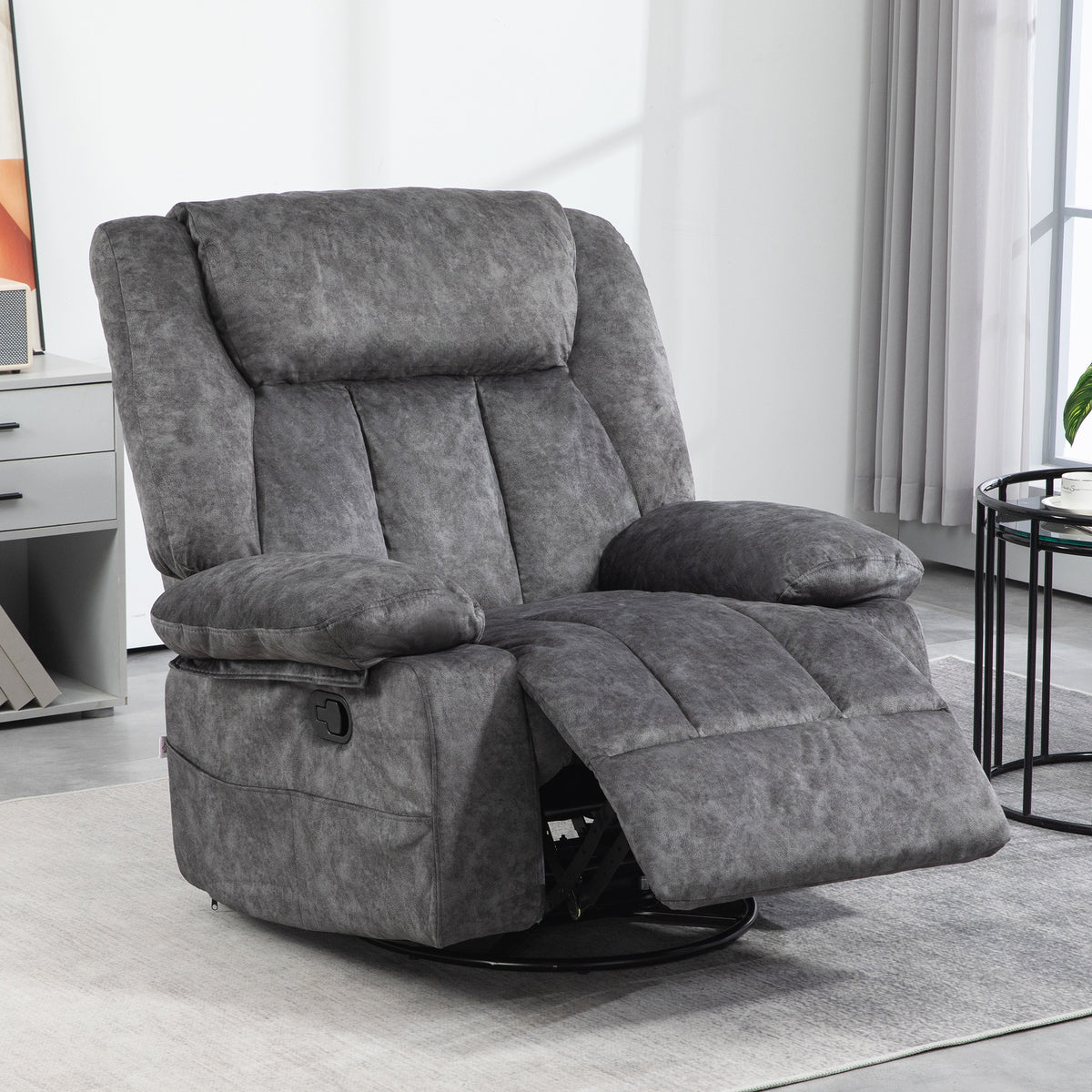 Homcom Swivel Rocker Recliner Chair For Living Room, Fabric Reclining Chair For Nursery, Rocking Chair With Footrest, Side Pockets, Charcoal Gray Charcoal Grey Polyester