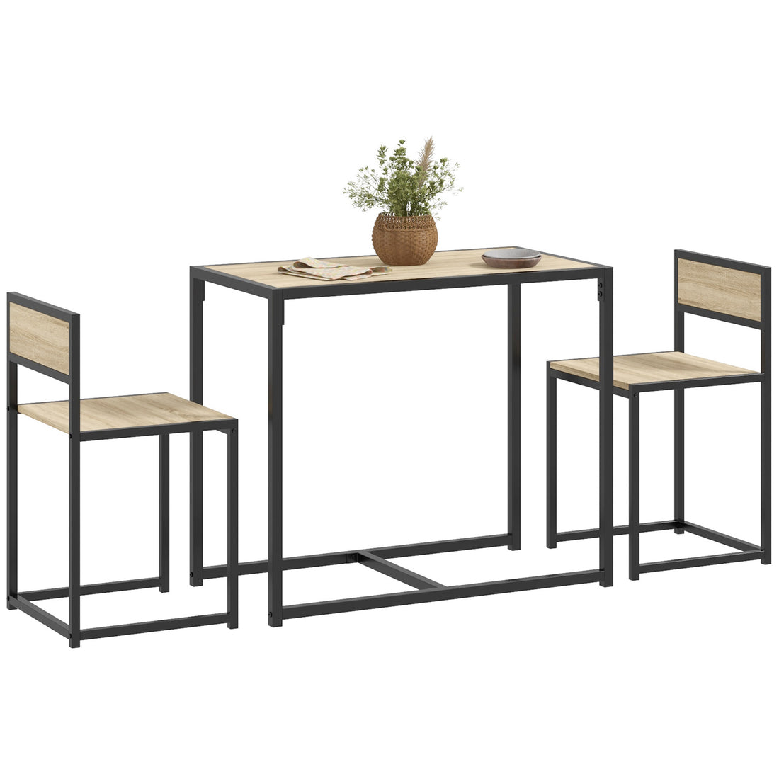 Homcom 3 Piece Industrial Dining Table Set For 2, Kitchen Table And Chairs, Dining Room Sets For Small Spaces, Oak Oak Mdf