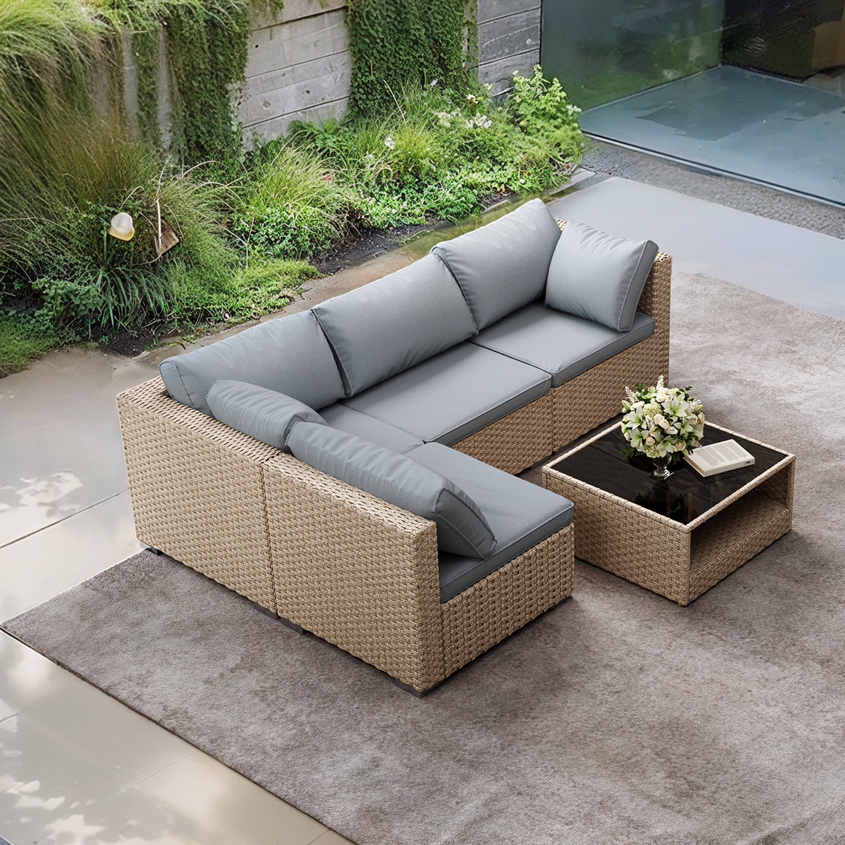 5 Piece Patio Furniture Set, All Weather Outdoor Conversation Set Sectional Sofa With Water Resistant Grey Thick Cushions Beige Grey Metal