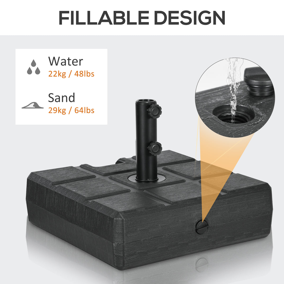Outsunny 88 Lbs. Fillable Umbrella Base With Steel Umbrella Holder For 1.25", 1.5" Or 2" Umbrella Poles, Square & Reversible Heavy Duty Market Umbrella Stand, Black Black Hdpe