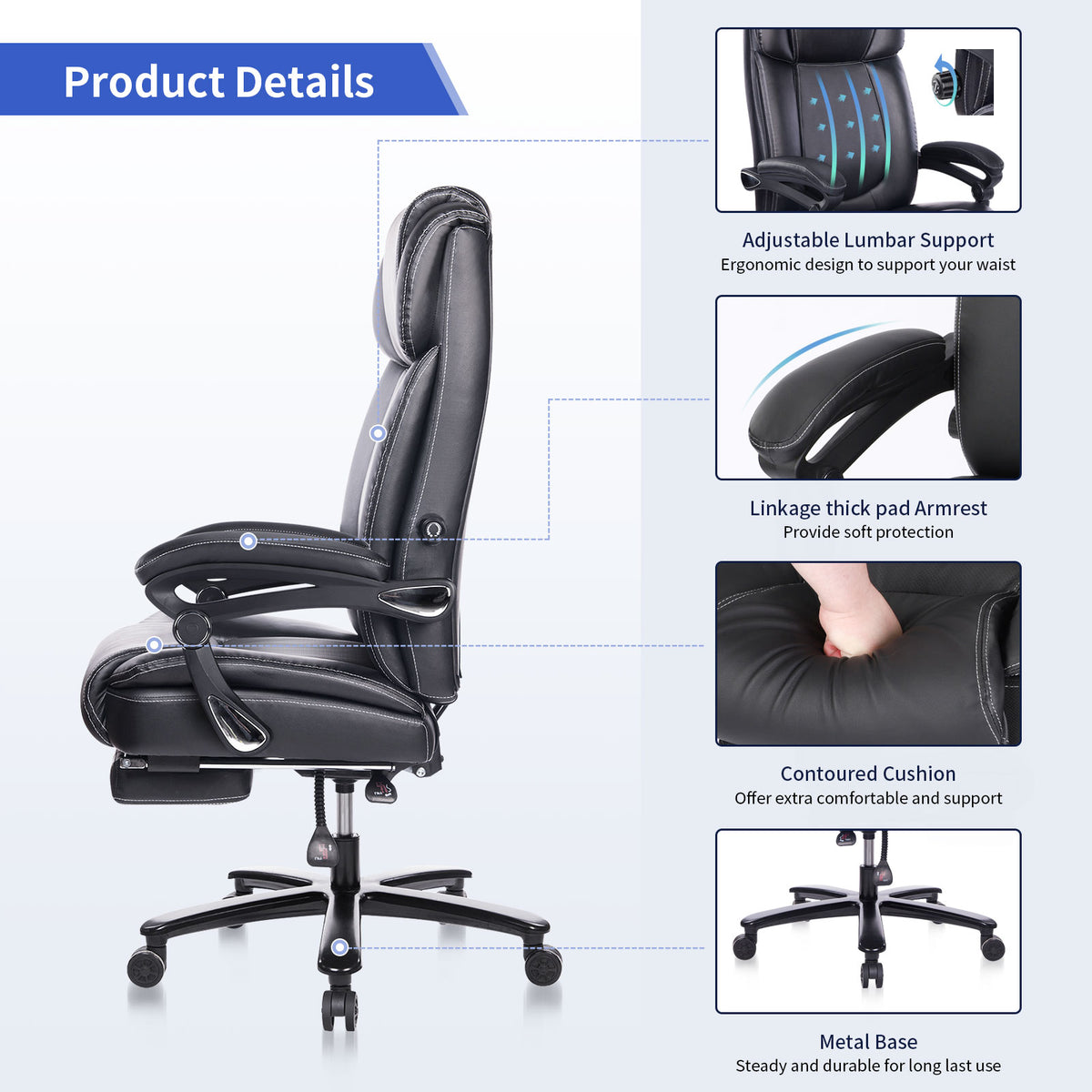 Office Chair With Footrest 400Lb Big And Tall Computer Gaming Chair Ergonomic Executive High Back Reclining Leather Desk Chair With Adjustable Lumbar Support And Heavy Duty Metal Base Metal Black Office Sponge Leather