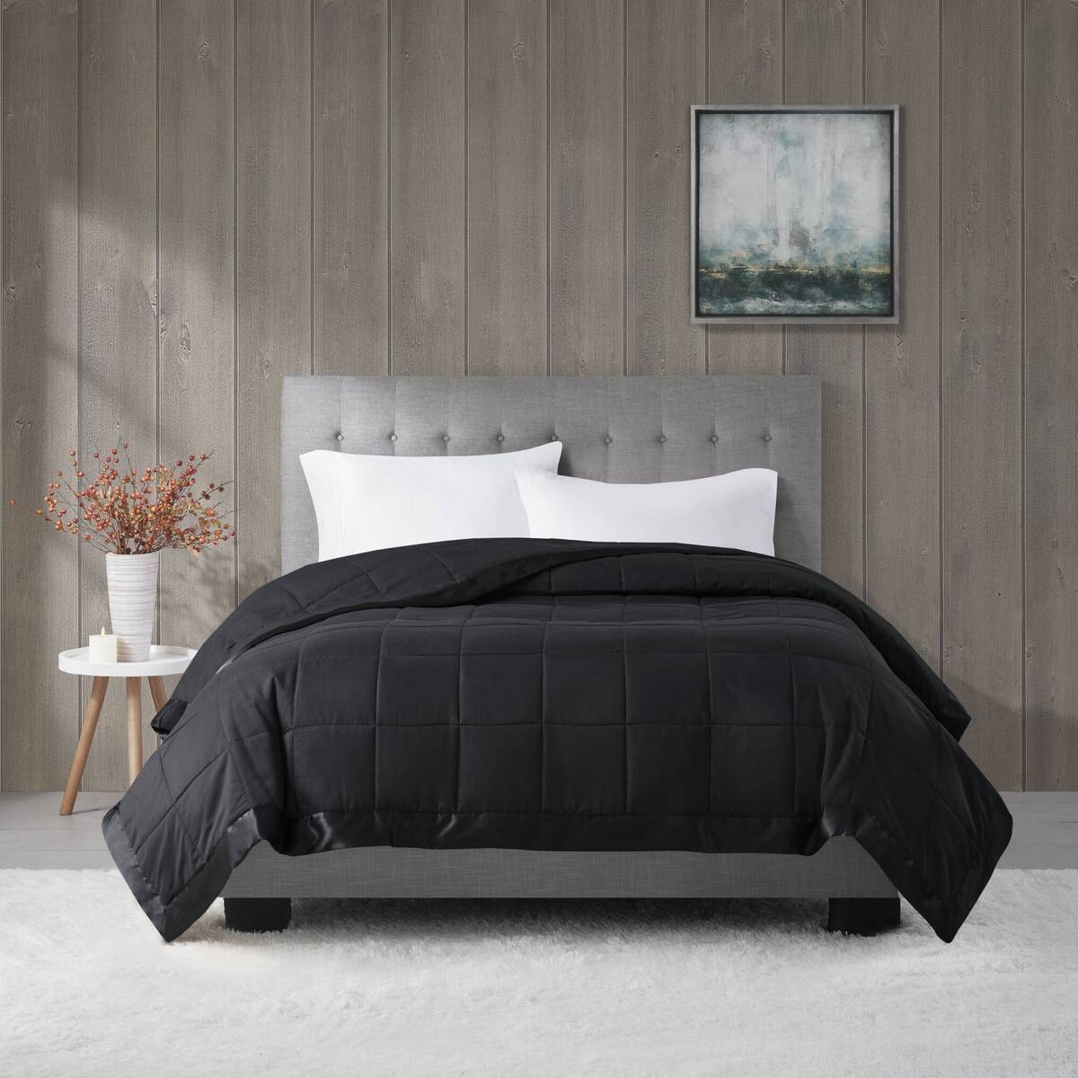 Lightweight Down Alternative Blanket With Satin Trim Black Full Queen Black Polyester