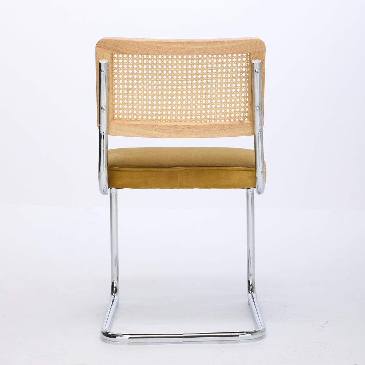 Mid Century Modern Dining Chairs Set Of 2, Velvet Accent Chairs With Natural Cane Back & Stainless Chrome Base, Famous Breuer Designed Chairs, Upholstered Rattan Kitchen Chairs,Golden Gold Dining Room Classic Dining Chairs Rubberwood Set Of 2 Foam Velvet