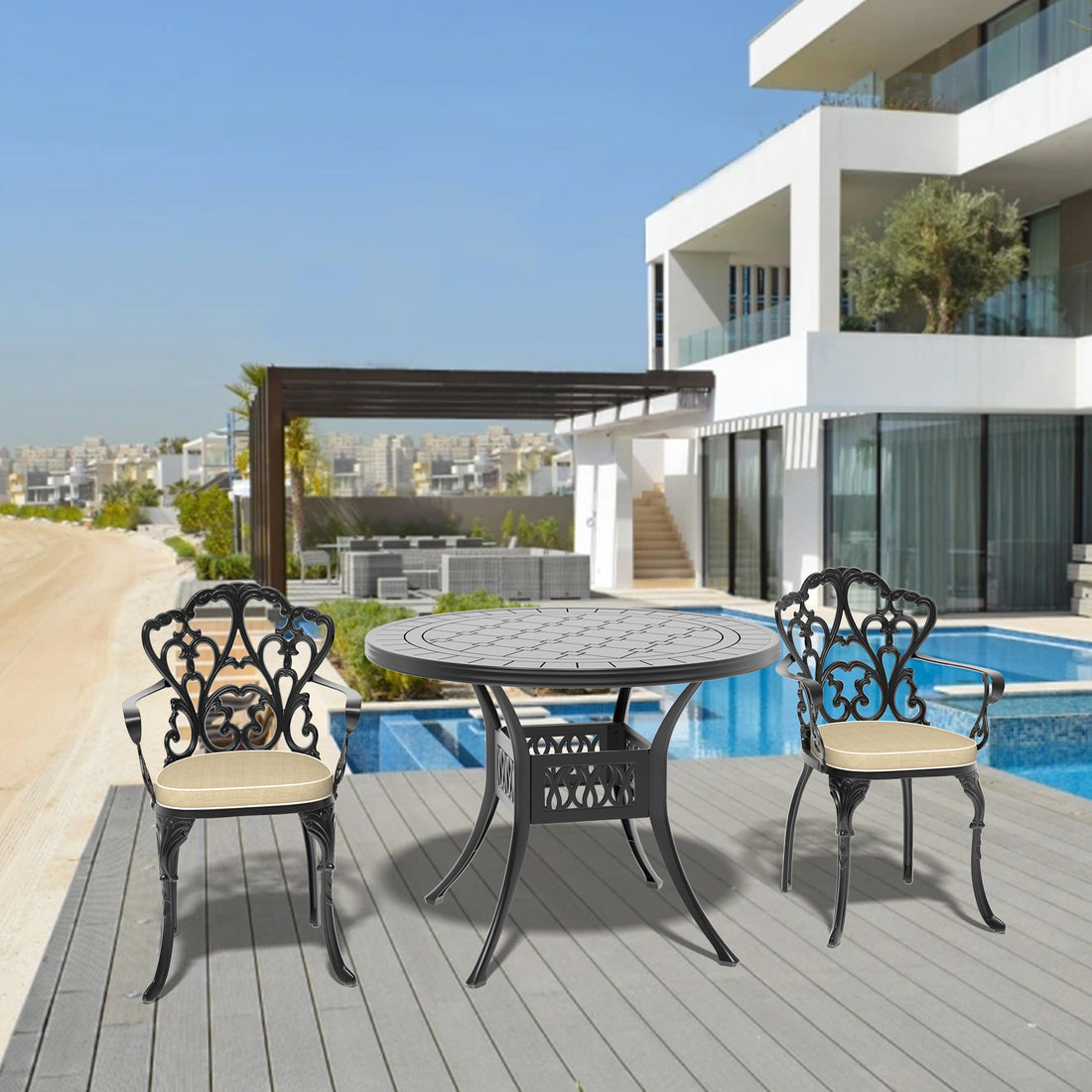 Cushions In Random Colors 3 Piece Set Of Cast Aluminum Patio Furniture With Cushions Yes Dining Set Black Seats 2 Rust Resistant Frame Water Resistant Cushion Garden & Outdoor Complete Patio Sets Aluminium