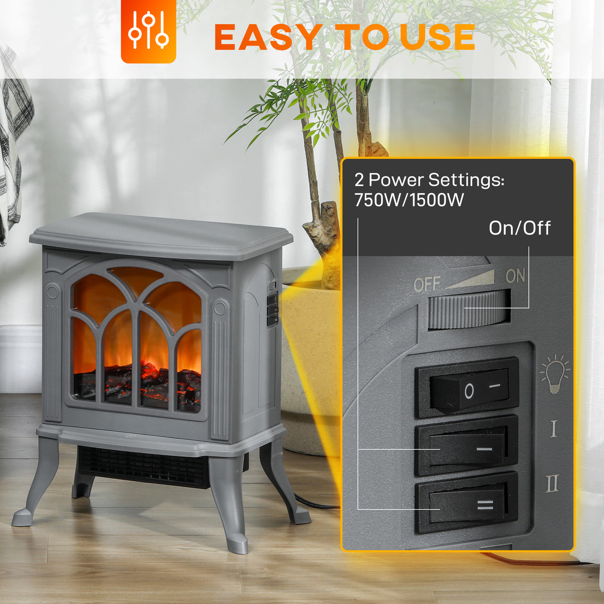 Homcom 17" Freestanding Electric Fireplace Stove, Fire Place Heater With Realistic Logs And Flame Effect And Overheat Protection, 750W 1500W, Gray Gray Plastic