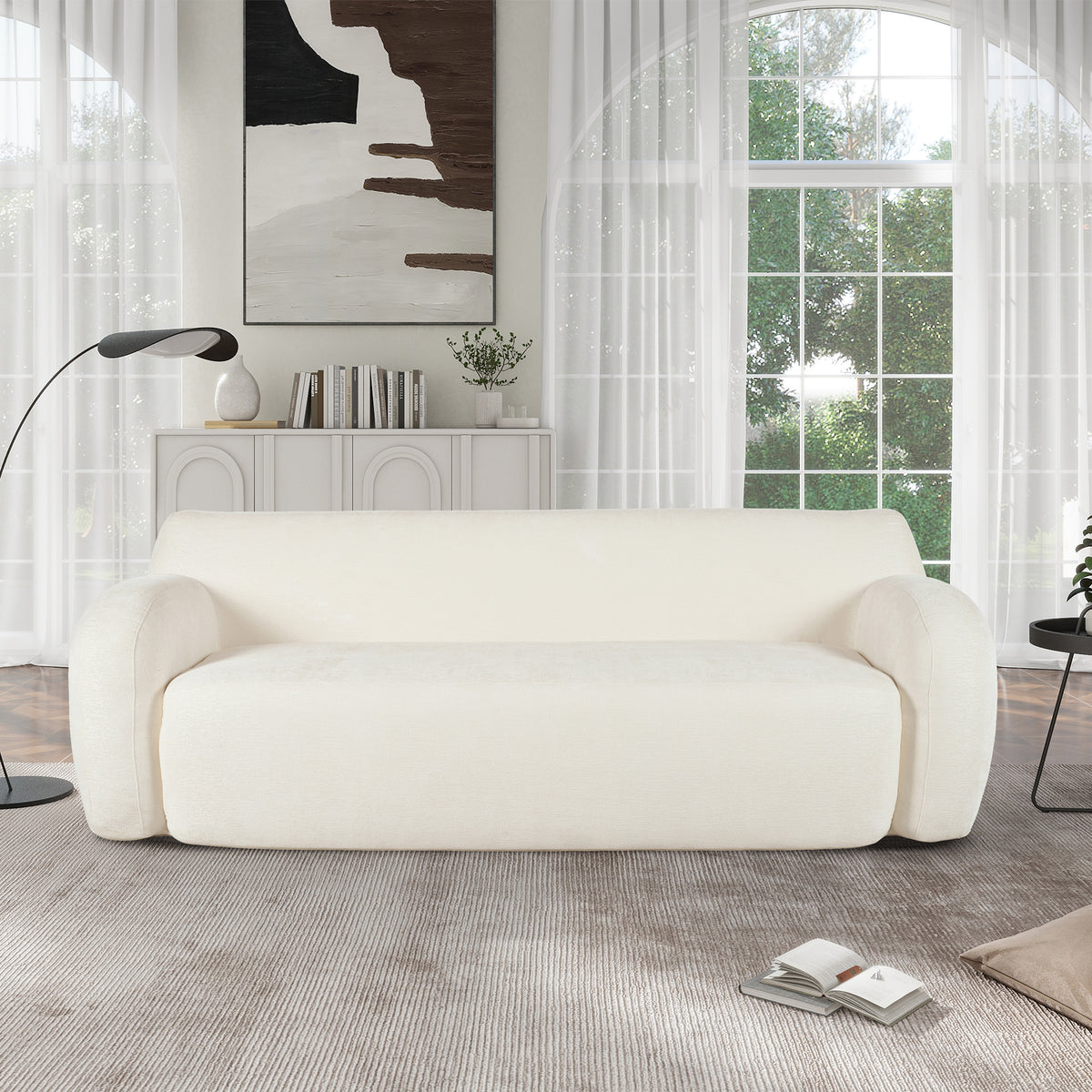 81.5'' Minimalist Curved Upholstered Sofa, 3 Seat Modular Casual Sofa For Living Room, Bedroom, And Apartments Beige Polyester 3 Seat