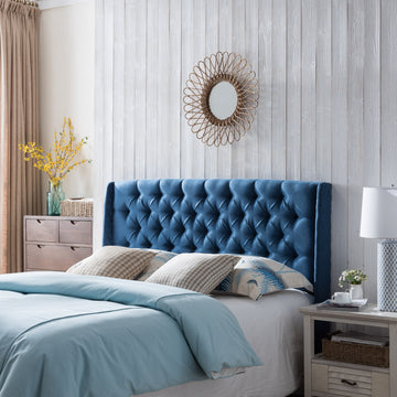 Upholstered Wingback Headboard, Button Tufted Upholstery, Sturdy Structure, King Size, Dark Navy Dark Navy Fabric