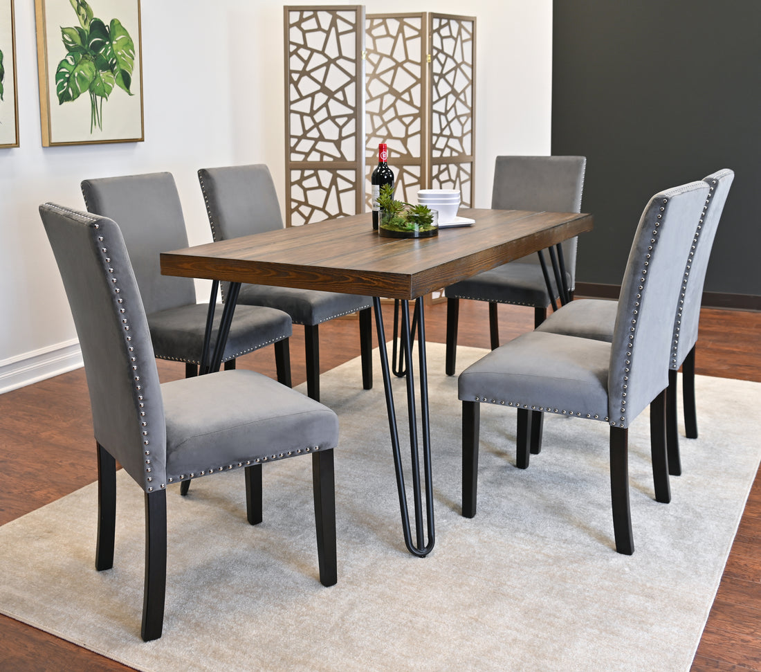 Aso 7 Piece Dining Set, Hairpin Dining Table With 6 Chairs, 3 Color Options Brown Metal Dining Room Fixed Table Rubberwood Rectangular Dining Table With Chair Metal Wood Brown Seats 6 Rectangular 4 Leg Mdf Metal