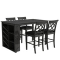 Updated Counter Height 5 Piece Solid Wood Dining Table Set, 59*35.4Inch Table With Curved Wine Rack And 4 Upholstered Chairs, Grey Wood Dining Room Solid Wood Rubberwood Rectangular Dining Table With Chair Wood Wood Grey Solid Back Seats 4 Farmhouse 4