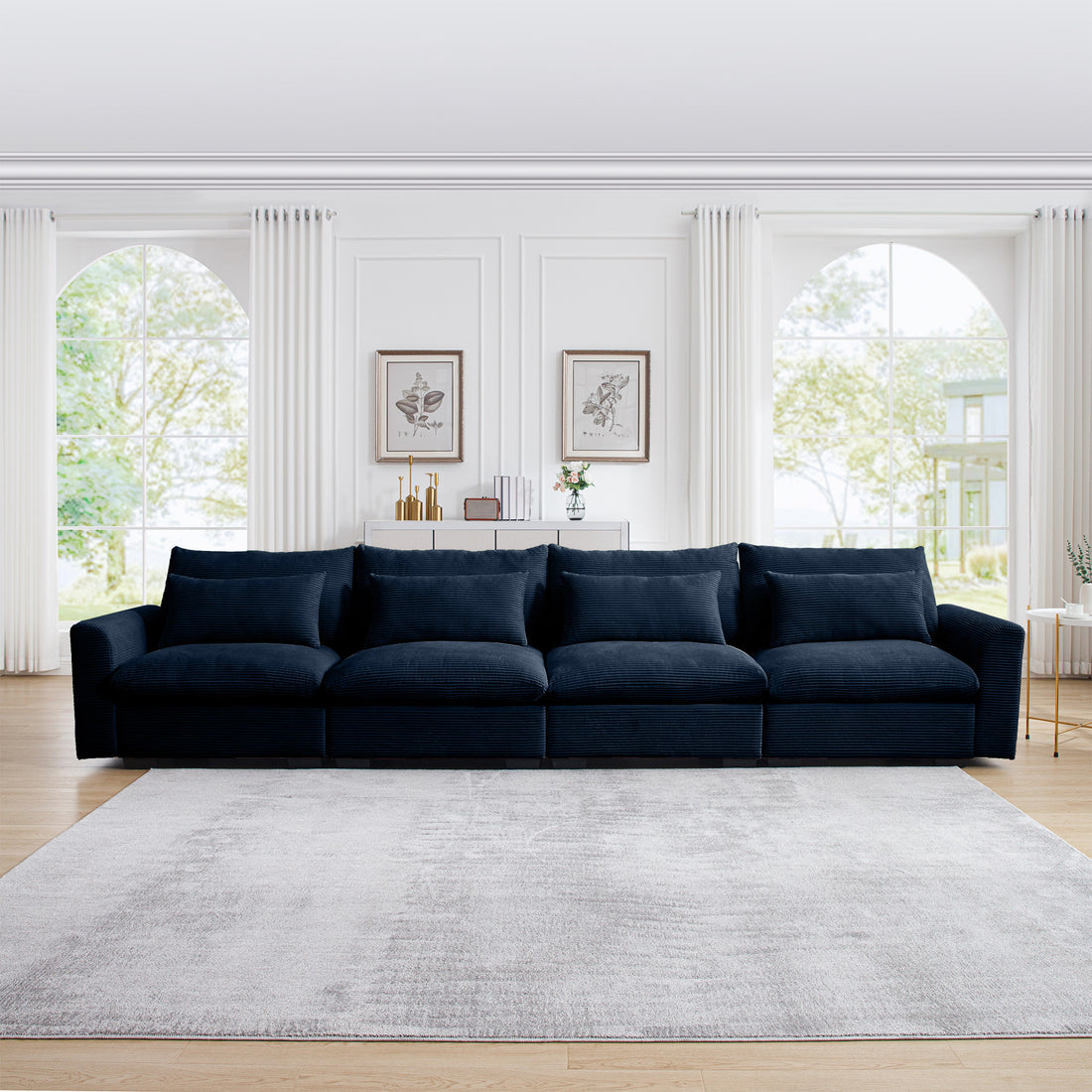 4 Seater Deep Seat Couches For Living Room, Comfy Blue Corduroy Sofas For Living Room Modern With 4 Waist Pillows Blue Corduroy 4 Seat