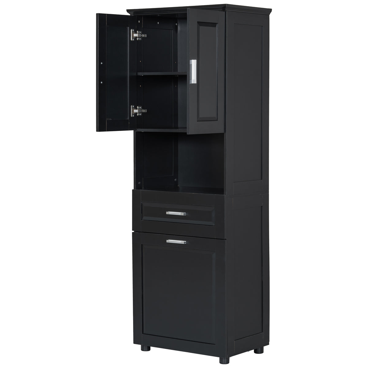 Tall Bathroom Cabinet With Laundry Basket, Large Storage Space Tilt Out Laundry Hamper And Upper Storage Cabinet, Black Black Mdf