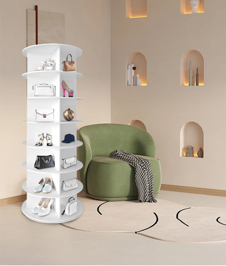7 Tier Rotating Shoe Rack Tower, Spinning Shoe Display, 360 Shoe Rack Storage Round Carousel, Vertical Handbag Rotate Shoes Closet Organization, Christmas Gift White White Pvc