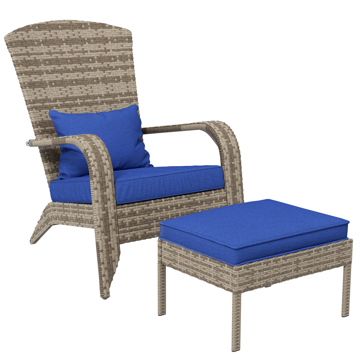 Outsunny Patio Wicker Adirondack Chair With Ottoman, Outdoor Fire Pit Chair With Cushions, High Back, Large Seat & Armrests For Deck, Garden & Backyard, Dark Blue Blue Steel