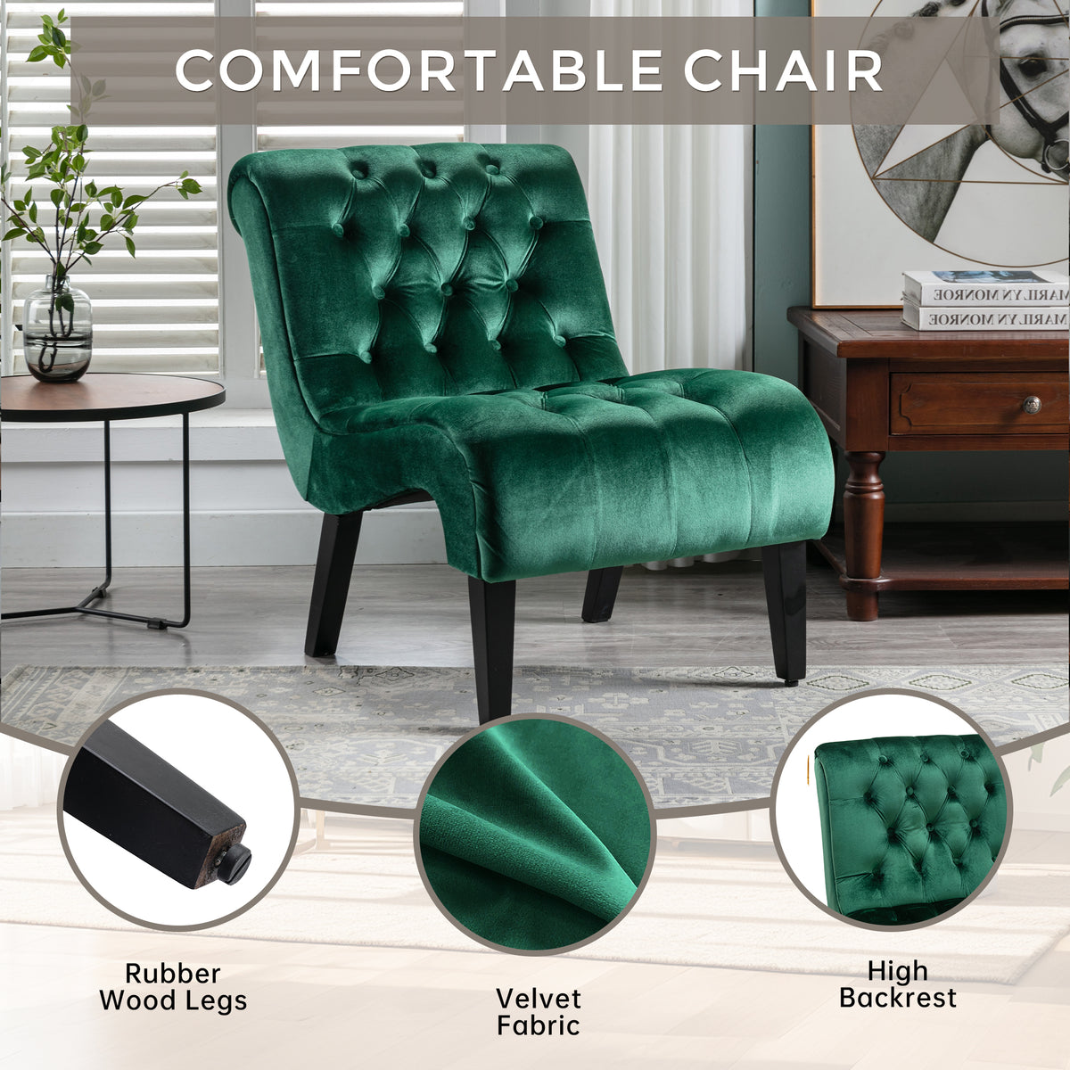 Coolmore Modern Velvet Armless Accent Living Room Chair Leisure Chair,Upholstered Fabric Button Comfortable Chair With Wooden Legs For Bedroom, Living Room, Office Green Velvet Green Primary Living Space Foam Velvet