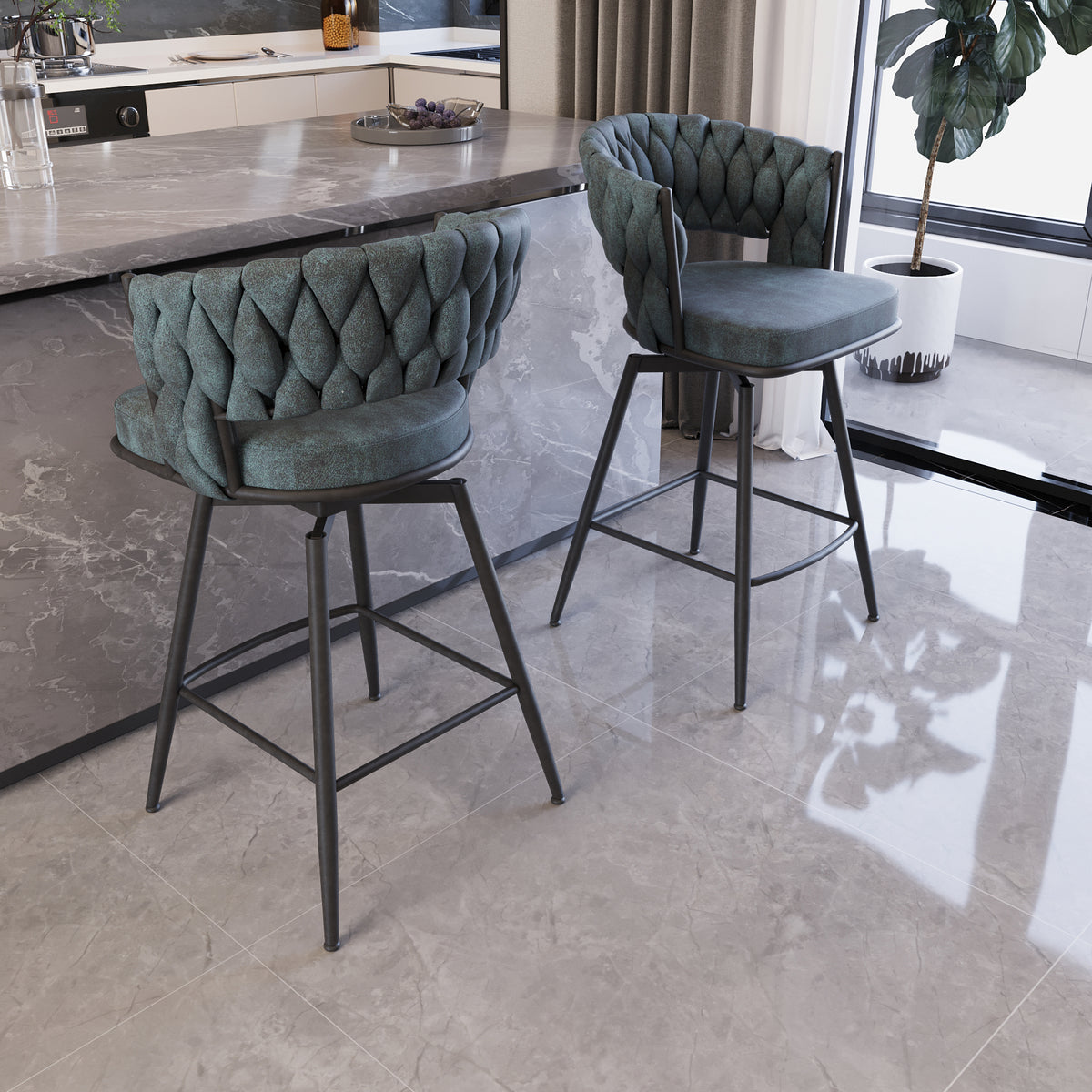 Bar Chair Suede Woven Bar Stool Set Of 2,Black Legs Barstools No Adjustable Kitchen Island Chairs,360 Swivel Bar Stools Upholstered Bar Chair Counter Stool Arm Chairs With Back Footrest, Blue Metal Blue Kitchen Dining Chairs Foam Technical Leather
