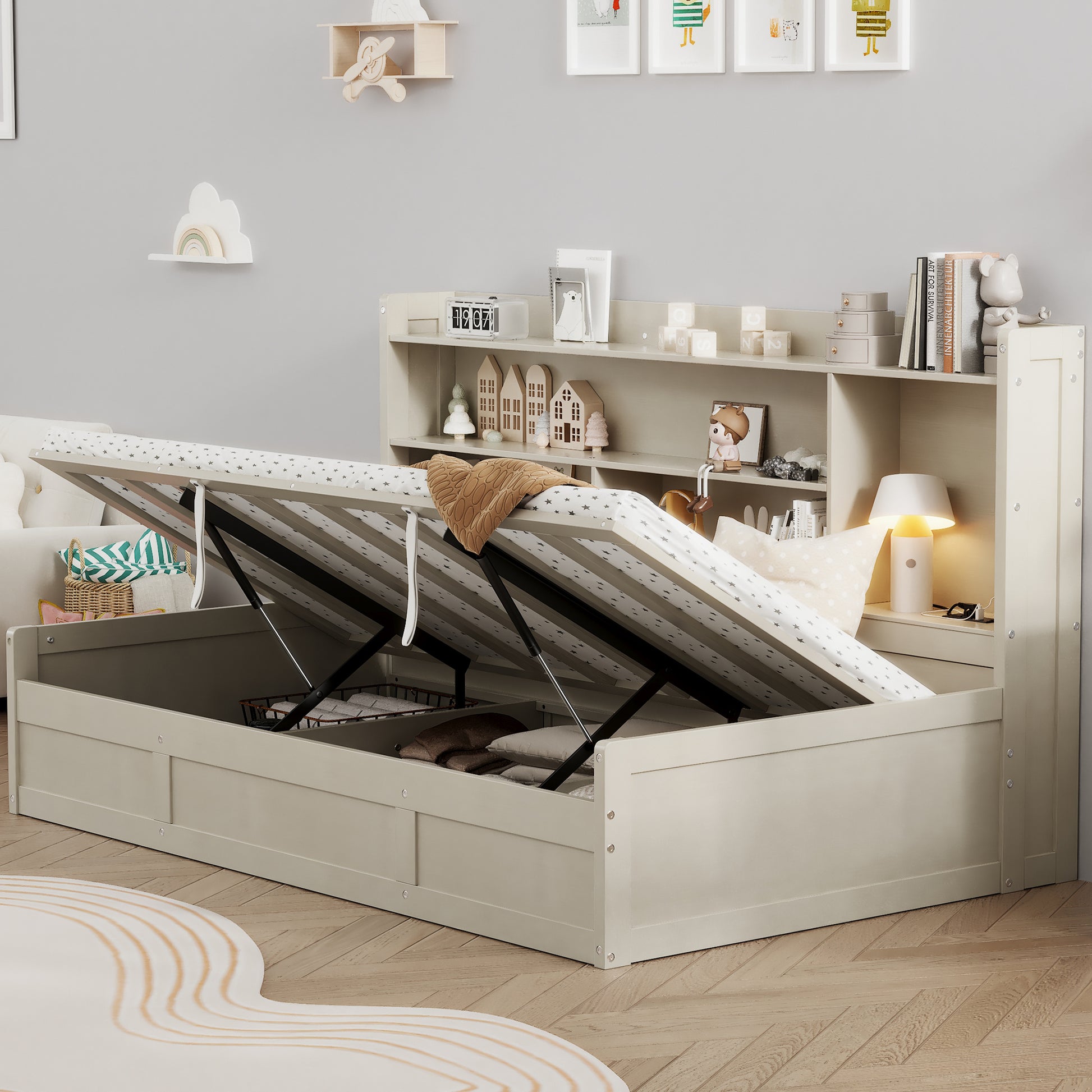 Twin Size Daybed Frame With Storage Bookcases And Underneath Storage, Usb Charging Station, Gray Twin Light Grey Solid Wood Mdf