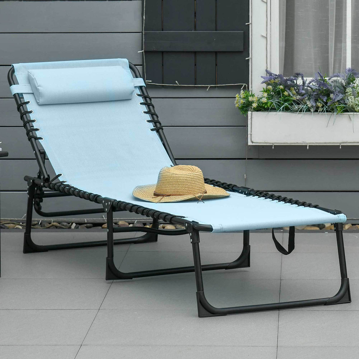 Outsunny Folding Chaise Lounge Pool Chair, Patio Sun Tanning Chair, Outdoor Lounge Chair W 4 Position Reclining Back, Pillow,Mesh & Bungee Seat For Beach, Yard, Patio, Baby Blue Blue Steel