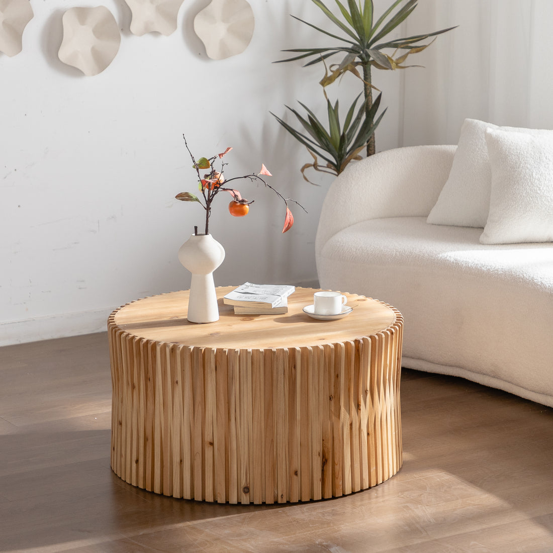 31.5" Retro Fashion Style Cylindrical Coffee Table With Vertical Texture Relief Design,Suitable For Living Room,Office,And Dining Room Natural Fir Wood