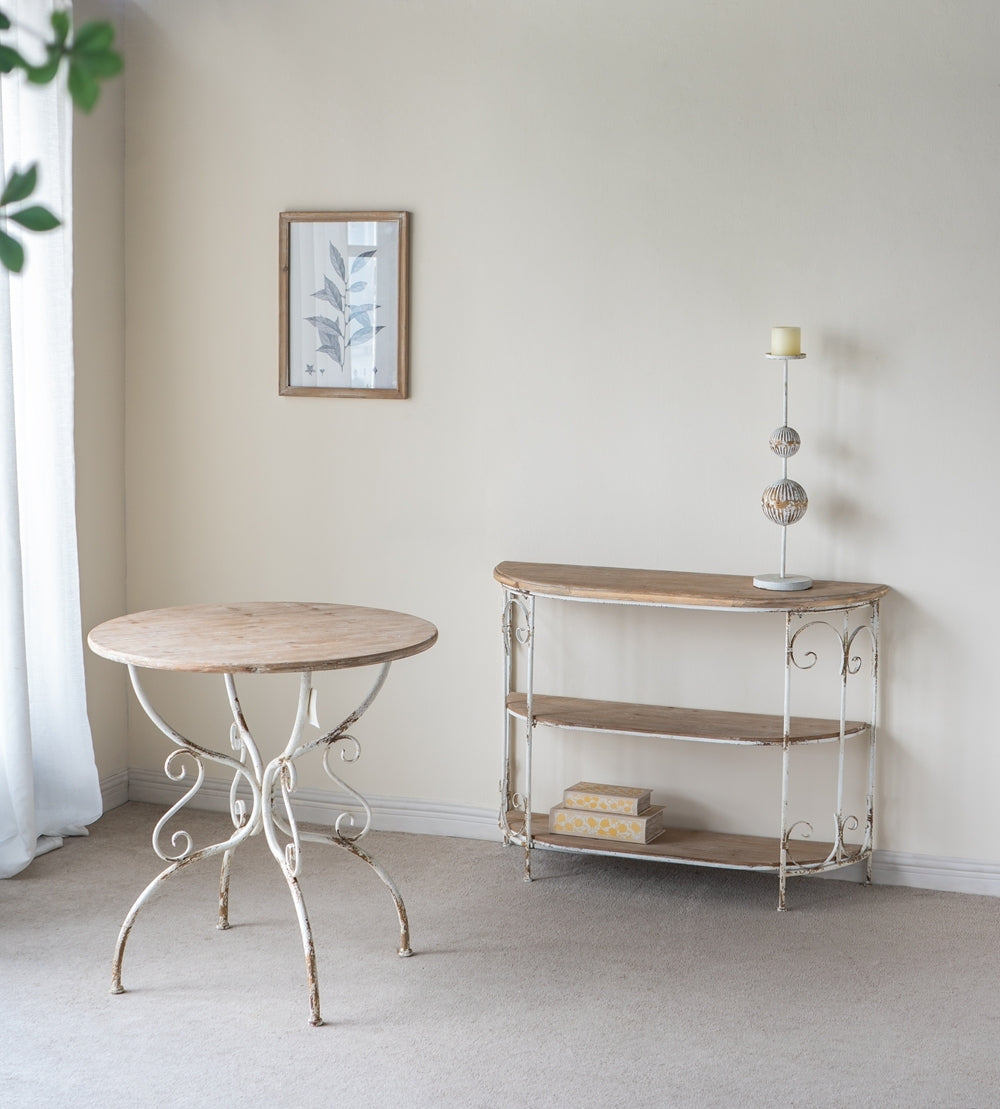 D31.5X31.5" Round Wooden Table With Metal Scrollwork Legs, White White Washed Art Deco,Boho,Farmhouse,French Country,Modern Wood Stainless Steel