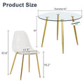 A Modern Minimalist Style Round Transparent Tempered Glass Table With Gold Metal Legs, Paired With 4 Modern Style Transparent Dining Chairs For A Luxurious Experience. Transparent Seats 4 Glass