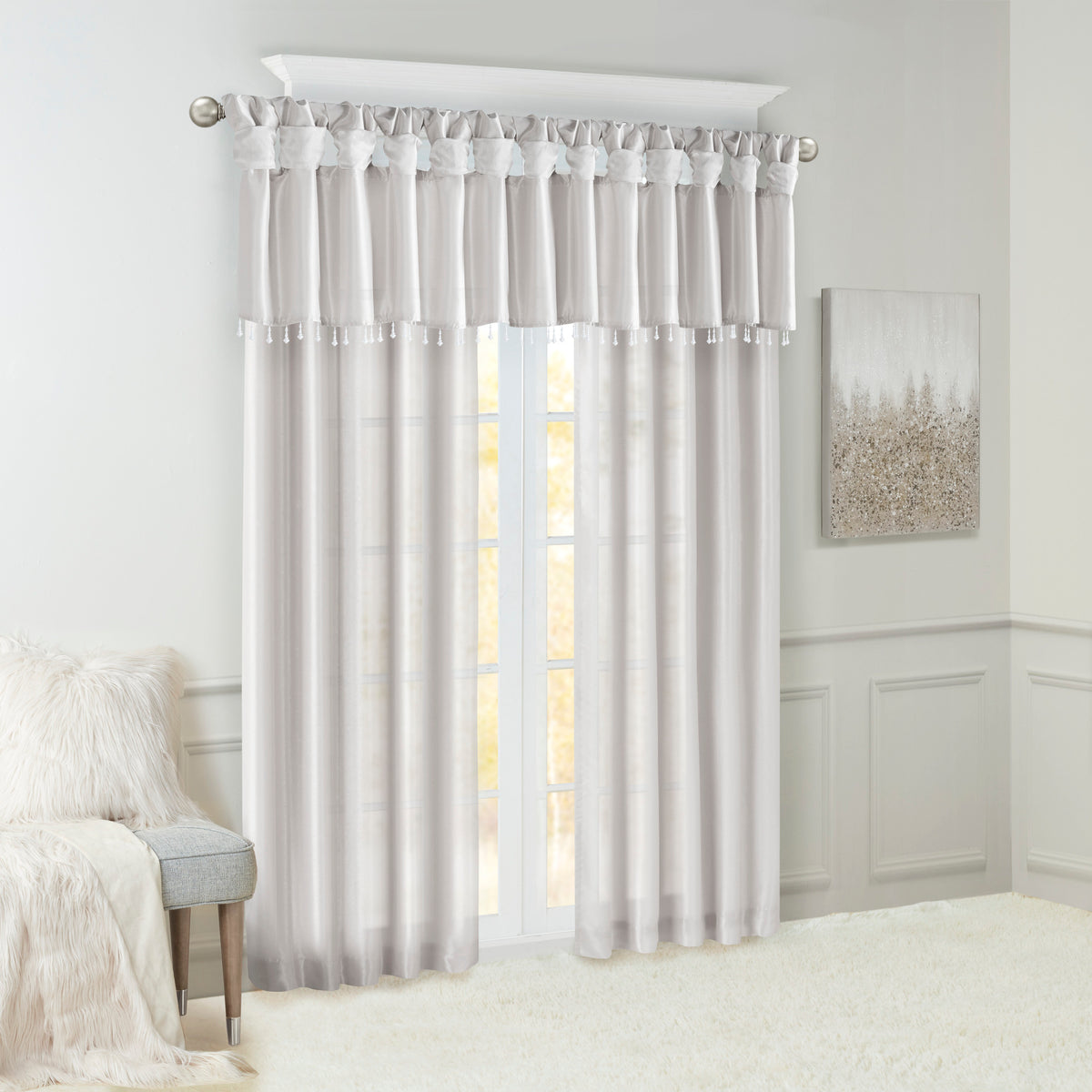 Lightweight Faux Silk Valance With Beads Silver 50X26" Silver Polyester