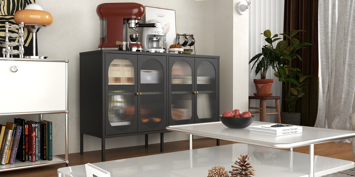 Metal Sideboard Cabinet With 4 Glass Door, Steel Locker Sideboard Buffet Cabinet, Sideboard Buffet Cabinet With 4 Doors, Kitchen Storage Cabinet, Coffee Bar Cabinet For Kitchen, Living Room, Black