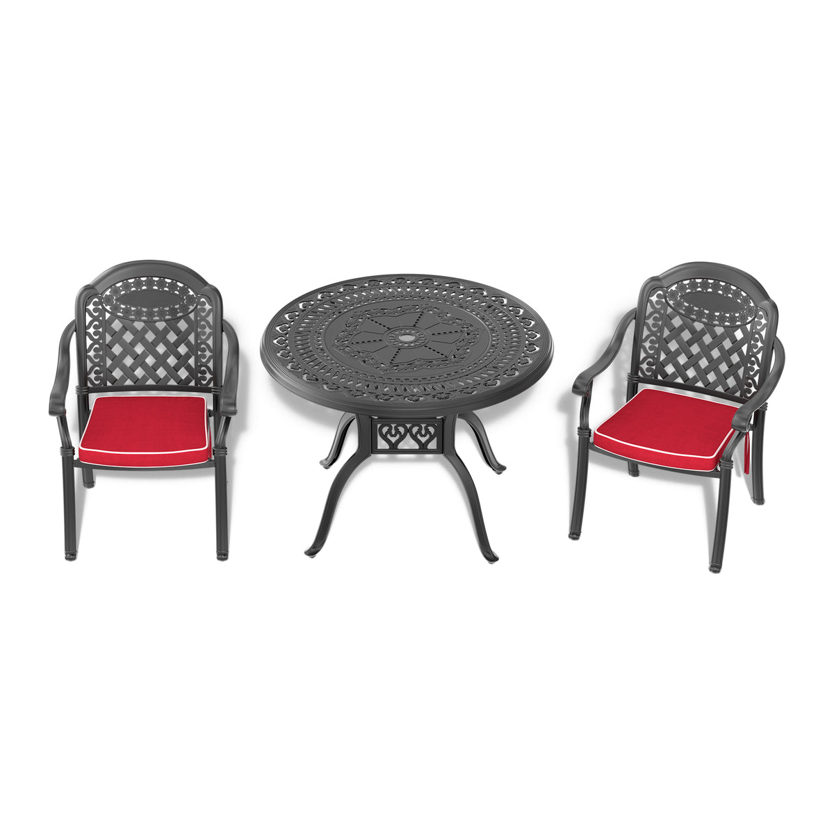 Cushions In Random Colors 3 Piece Set Of Cast Aluminum Patio Furniture With Cushions Yes Dining Set Black Seats 2 Rust Resistant Frame Water Resistant Cushion Garden & Outdoor Aluminium