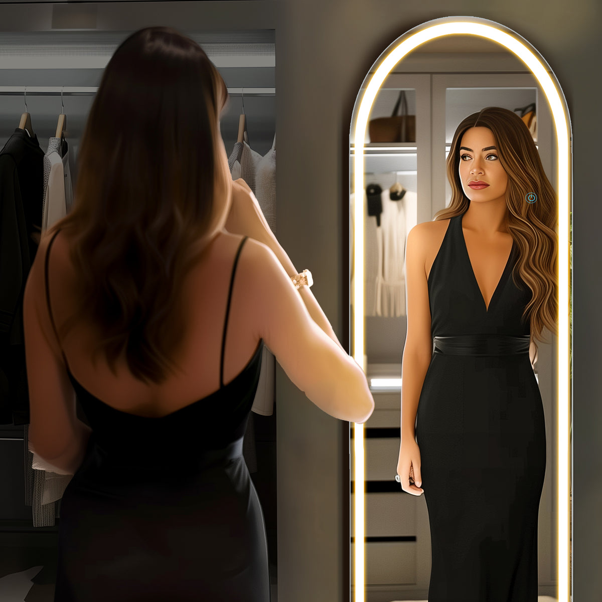 3 Color Lighting Mirror With Led Lights, 63"X20" Lighted Floor Standing Mirror With Stand Black Fiberglass