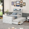 Twin Size Wooden Bed With Storage Headboard With Outlets, Extendable Bed With Twin Size Trundle With Three Storage Drawers,White Twin White Wood