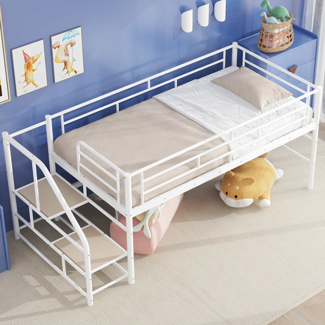 Mid Loft Bed With Storage Stairs, Twin, White Twin White Mdf Metal