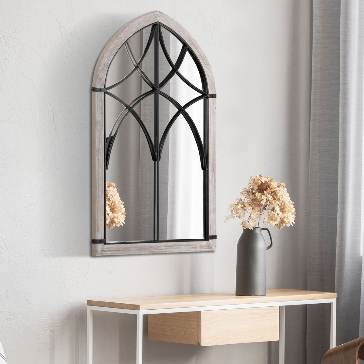 Homcom 36.5" X 23.5" Large Farmhouse Wall Mirror, Arch Window Mirror For Wall Decor In Living Room, Bedroom, Entryway, Rustic Wood Grain Multicolor Mdf