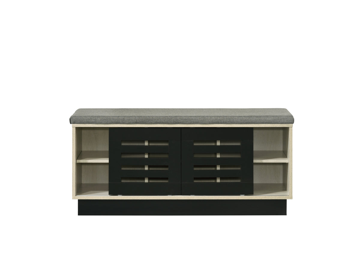 Brett 38.5"W Oak Finish Shoe Cabinet With Sliding Doors, Upholstered Top Oak Engineered Wood