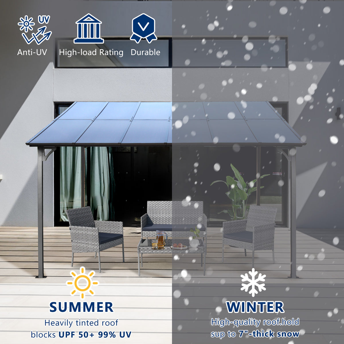 10' X 12' Outdoor Pergola Gazebo,Wall Mounted Lean To Metal Awning Gazebo With Roof,Large Heavy Duty For Patio,Decks,Backyard Grey Metal