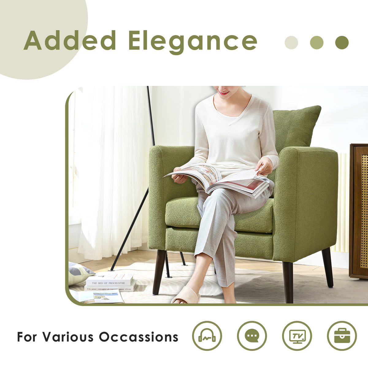 Barrel Chair, Modern Accent Chair, Fabric Armchair Club Chair,Upholstered Arm Chair With Solid Wood Legs,Waist Pillow,Padded Single Chair For Living Room Bedroom Study Waiting Room,Olive Green Olive Green Light Brown Primary Living Space Modern