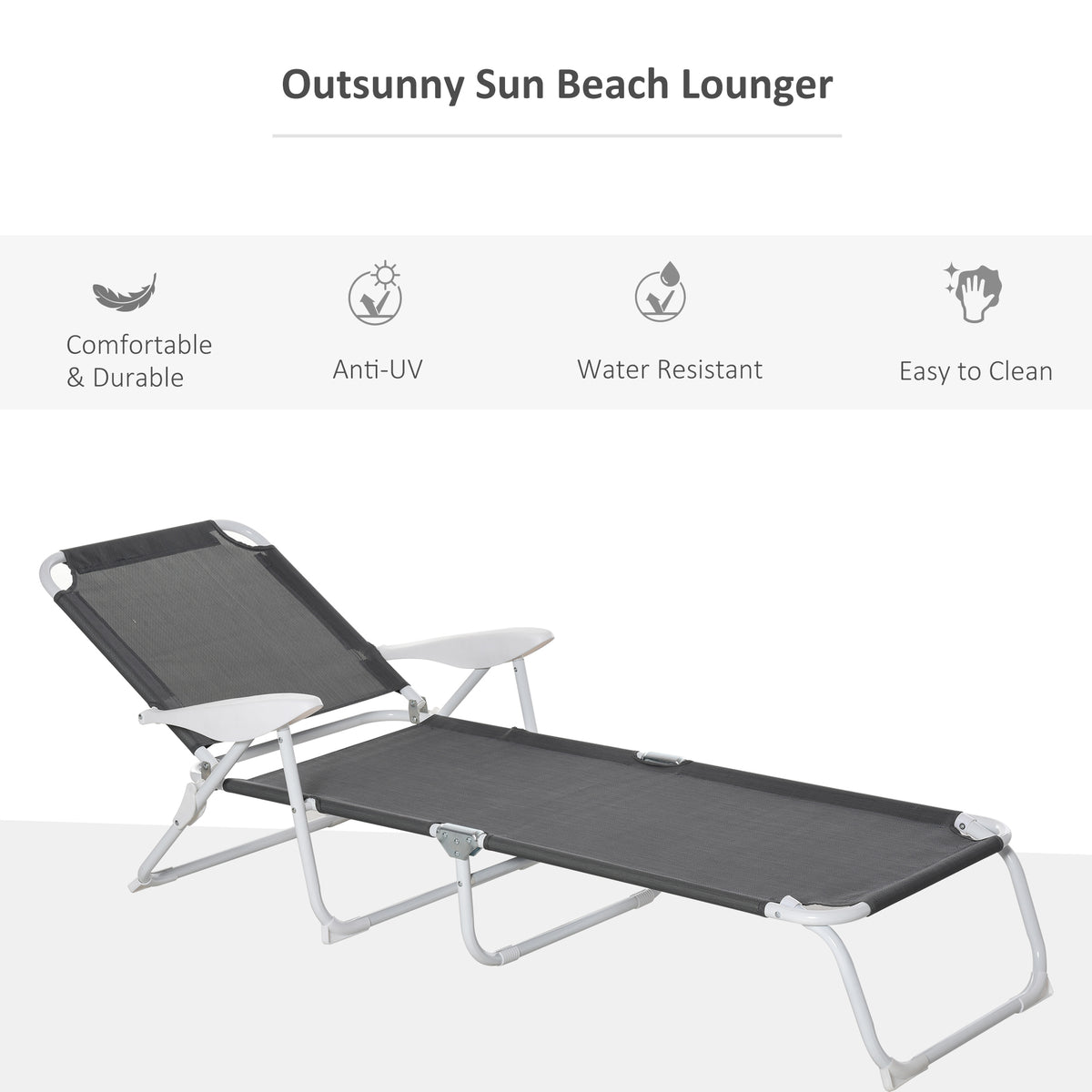 Outsunny Folding Chaise Lounge, Outdoor Sun Tanning Chair, 4 Position Reclining Back, Armrests, Metal Frame And Mesh Fabric For Beach, Yard, Patio, Dark Gray Dark Grey Metal