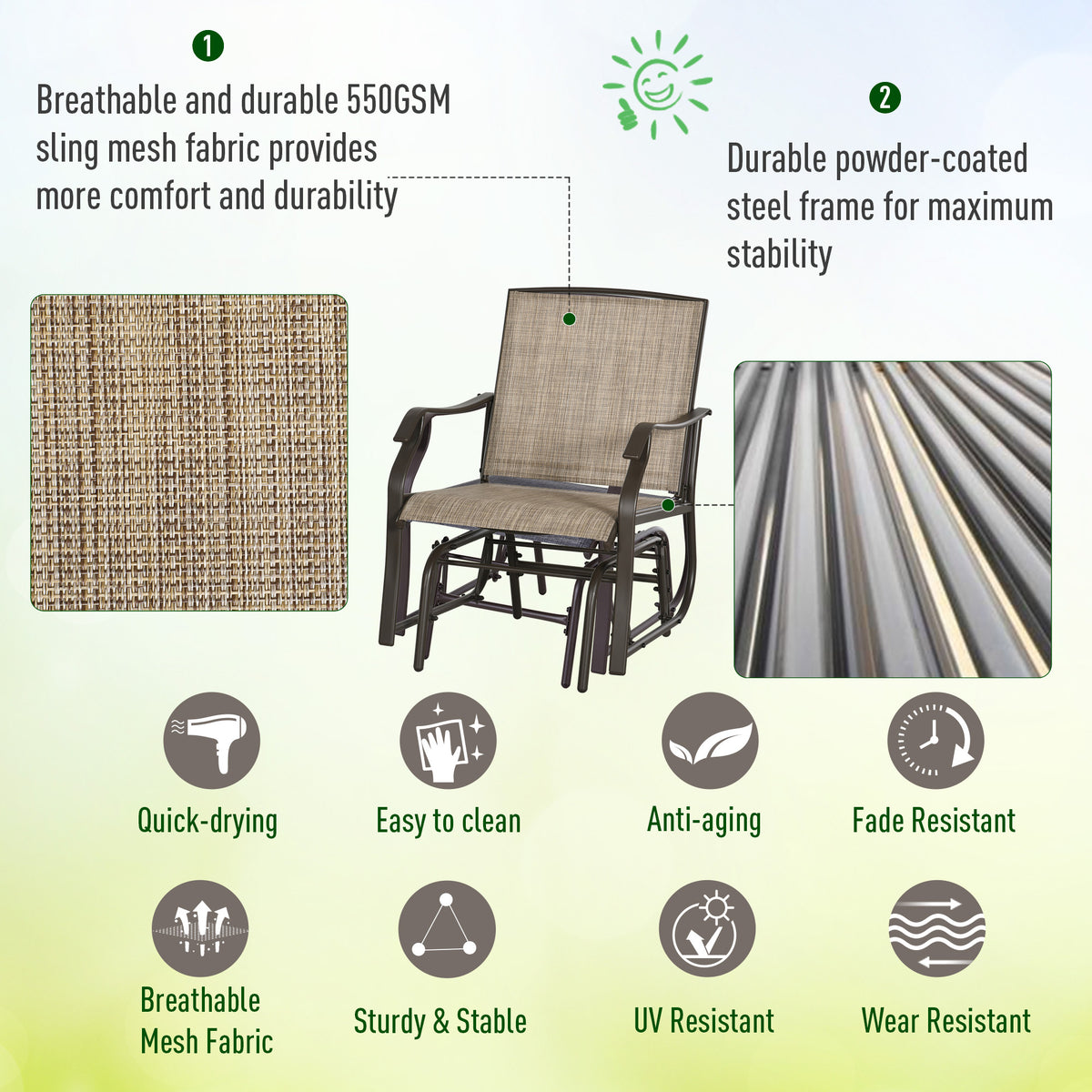 Outsunny 3 Piece Outdoor Glider Chair With Coffee Table Bistro Set, 2 Patio Rocking Swing Chairs Withsling Fabric, Glass Tabletop, For Backyard, Garden And Porch, Mixed Brown Brown Fabric Metal