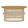 2 Tiered Round Natural Wood Coffee Table With Storage Rattan Base In 31.3'' Natural Rubber Wood